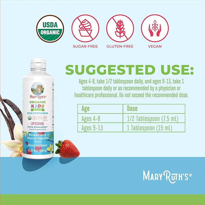 MaryRuth Organics Liquid Multivitamin (Apple Berry) & Liposomal (Strawberry Cherry & Vanilla) for Kids | Clean Label Project Verified® | Overall Wellness | Vegan, Non-GMO, Gluten Free
