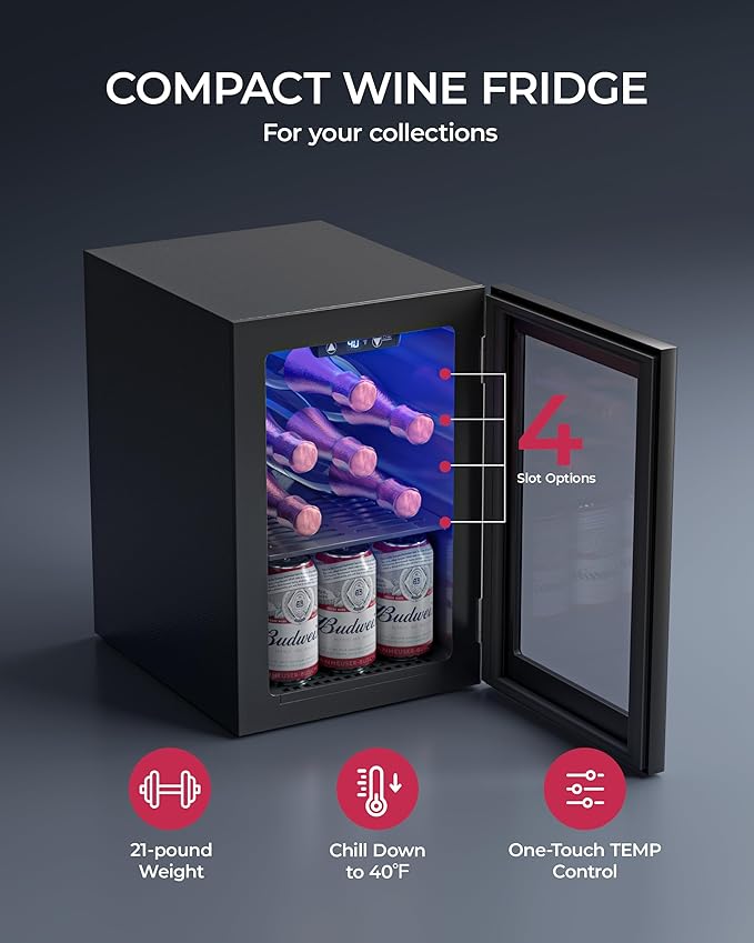 6 Bottles and 6 Cans Compact Beverage Refrigerator, Freestanding Mini Fridge with Temperature Control for Beer Wine, Under Counter Small Refrigerator Adjustable Shelve for Home and Bar