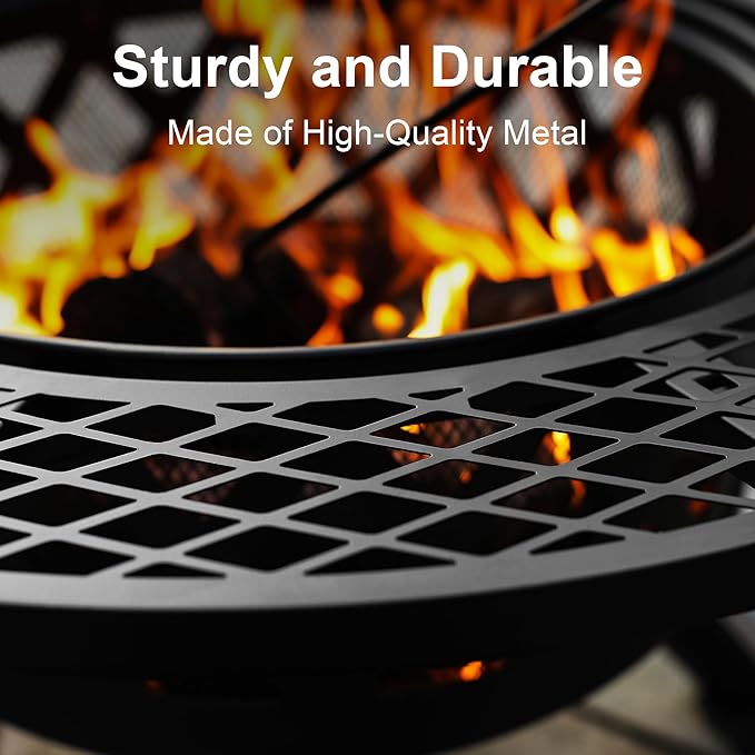 BALI OUTDOORS Fire Pit with Poker, 32 inch Outdoor Fire Pit Patio, Wood Burning Firepits for Outside with Grill