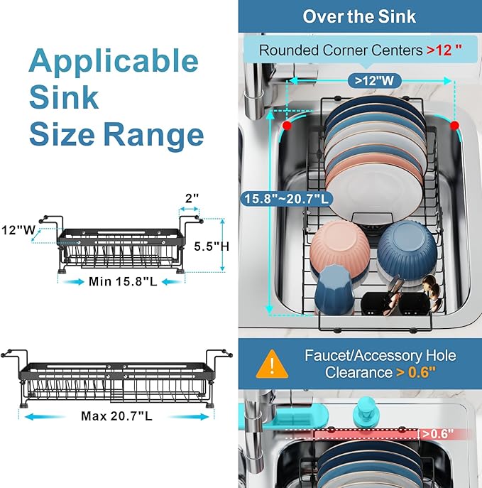 iSPECLE in Sink Dish Drying Rack with Silicone Sink Protector - Expandable Capacity Dish Drainer with Utensil Holder, 15.8''-20.7'' L x 12" W, Large, Black