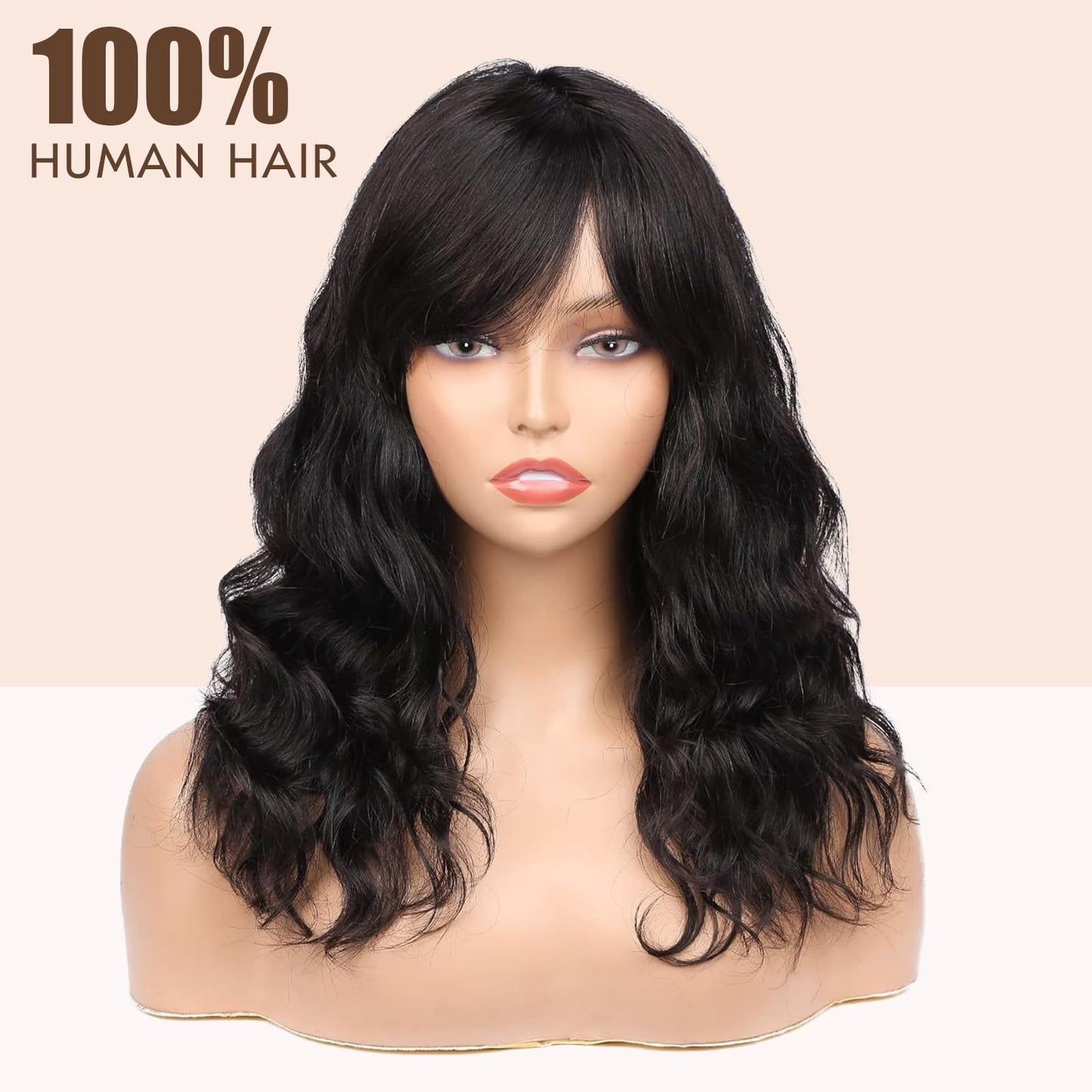 WIGNEE 100% Virgin Human Hair Natural Wave Wigs with Bangs Brazilian Human Hair Wave Wigs For Black Women Natural Black Color (1