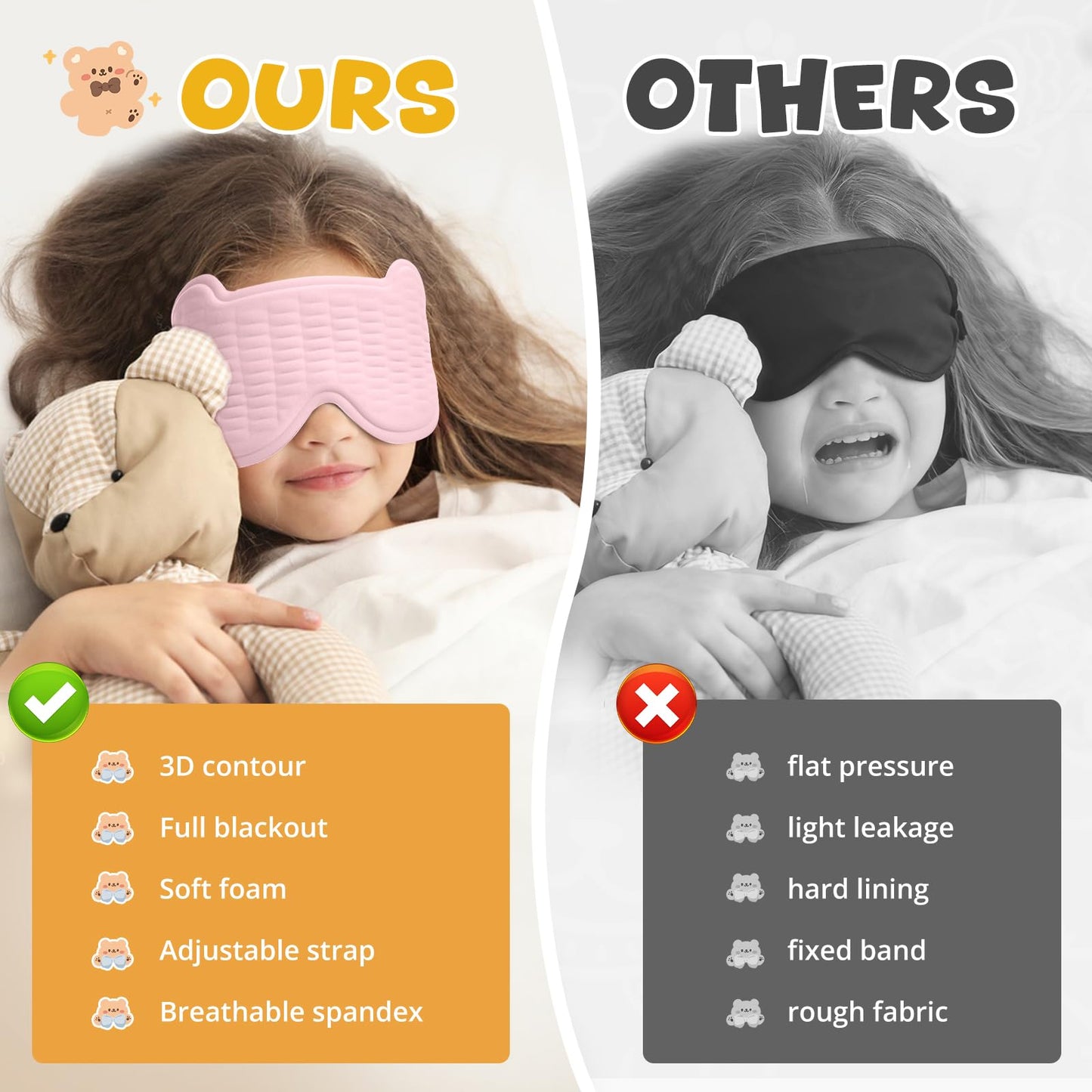 3D Kids Sleep Mask – Cute Bear Eye Mask for Sleeping, Comfortable Memory Foam Sleep Mask for Kids, Adjustable Strap and Lightweight Sleeping Mask for Boys Girls Teens Ages 5-15 (Light Pink)