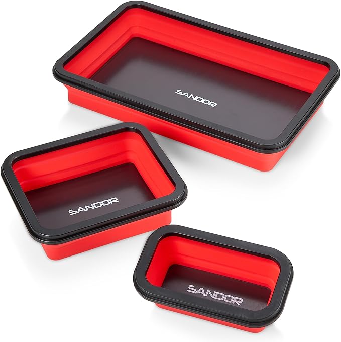 Collapsible Magnetic Parts Tray Set - 3 Different Size Tool Trays for Screw, Bolts, Nuts, Washers, Pins and Other Small Metal Parts, Mechanic Tool Gifts for Men - Red