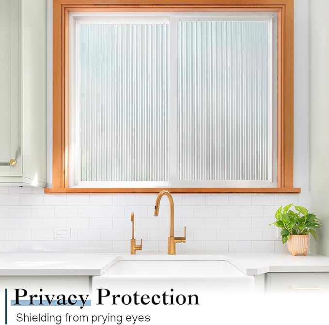 Haton Reeded Glass Window Privacy Film, Frosted Glass Window Film, Static Cling UV Blocking Stickers, Decorative Removable Cover for Bathroom Door Office, Non Adhesive 35.4" x 78.7"
