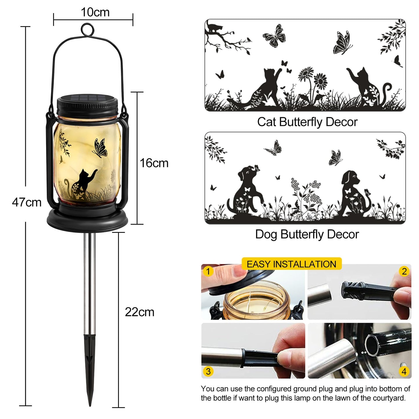 YJFWAL Solar Lanterns for Cats & Butterflies, Waterproof Glass, LED Mason Jar, Brown, Model: Cat fugumeisen-1P