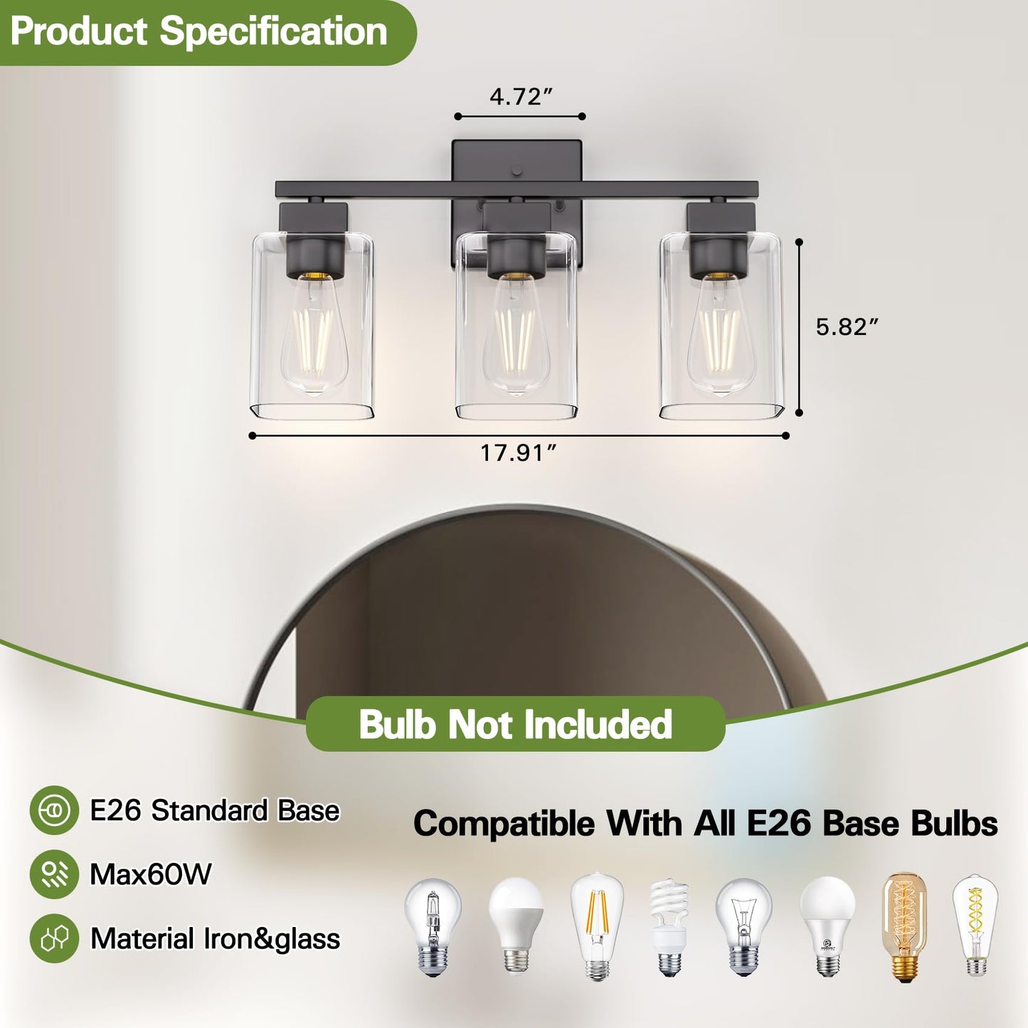 Espird Matte Black Bathroom Vanity Light, 3-Light Vanity Lighting fixtures Over Mirror, Square Design & UL Certification, Wall Sconces with Clear Glass Shades, E26 Socket (Bulbs Not Included)