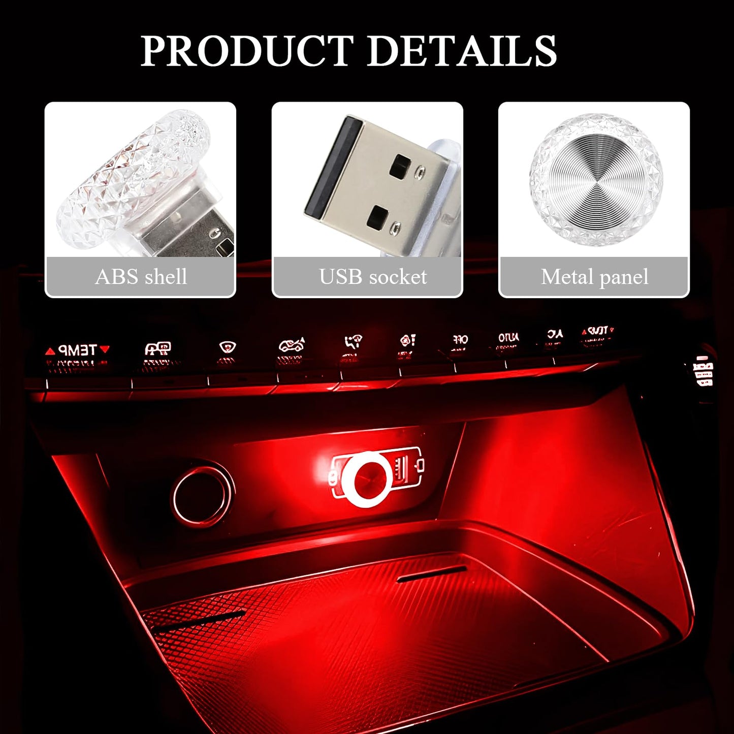 Hovom 4Pcs Usb Led Car Interior Atmosphere Lamp  Portable Mini Car Led Night Light Decoration  Plug-In Usb Automotive Ambient Lighting Kit  Universal For Cars Suvs Trucks Rvs (Red)
