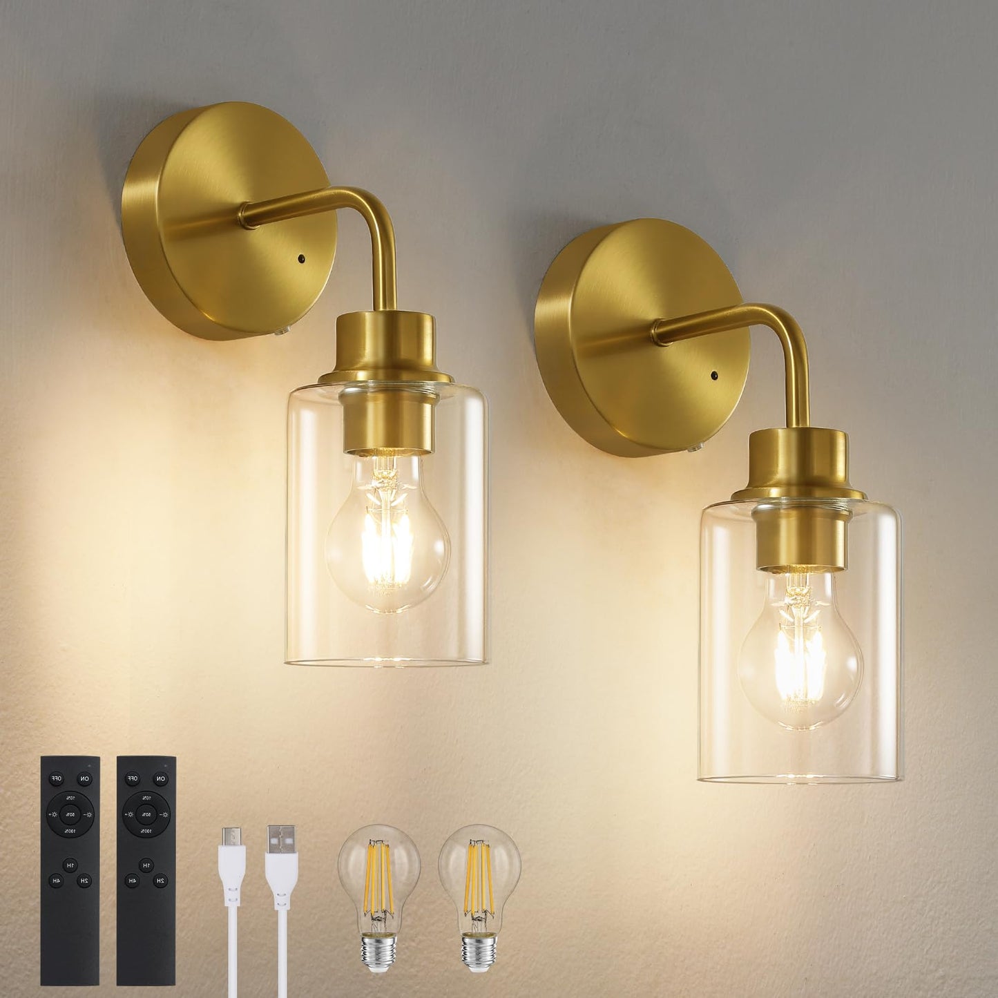 Epinl Battery Operated Wall Sconce Set of 2 - Dimmable Wireless Gold Glass Lights, Model 8210, Cordless Rechargeable for Home