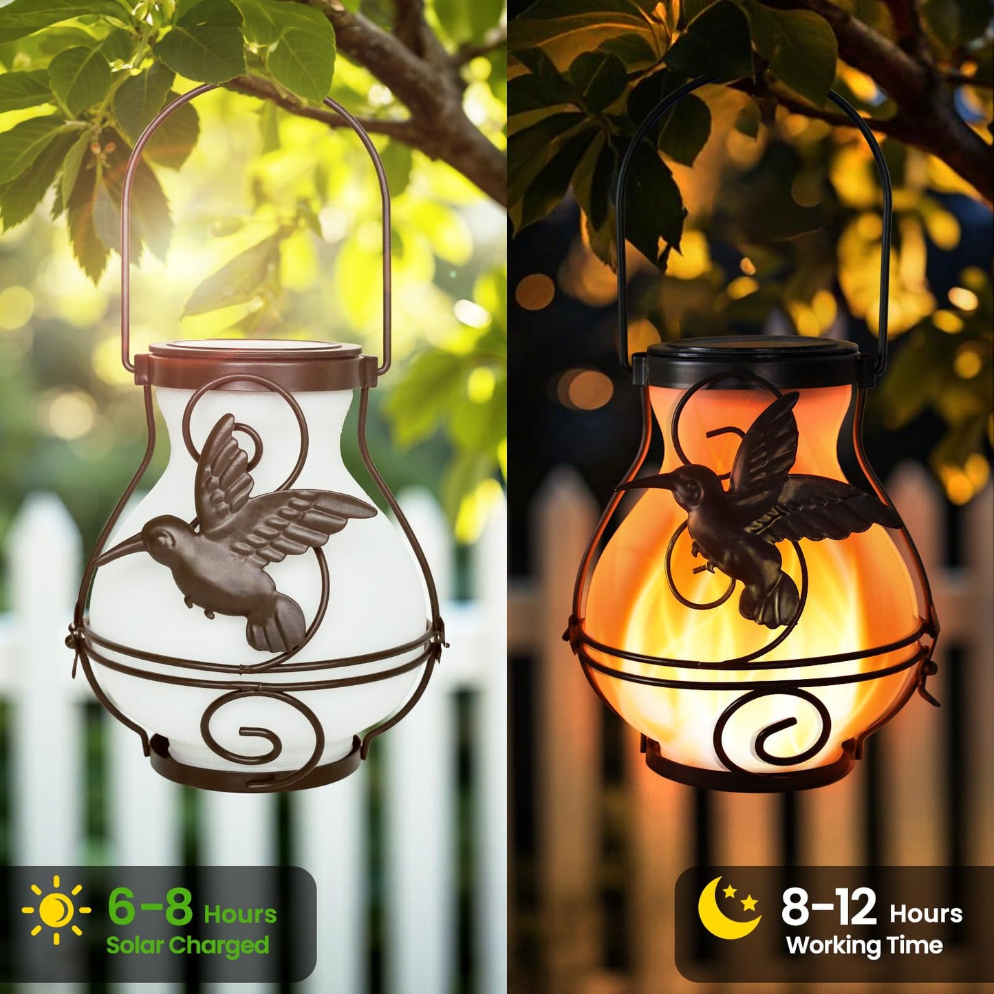 X-PREK Solar Lanterns 2 Pack Outdoor Waterproof Flickering Flame Hummingbird Metal Hanging Garden Decor Brown