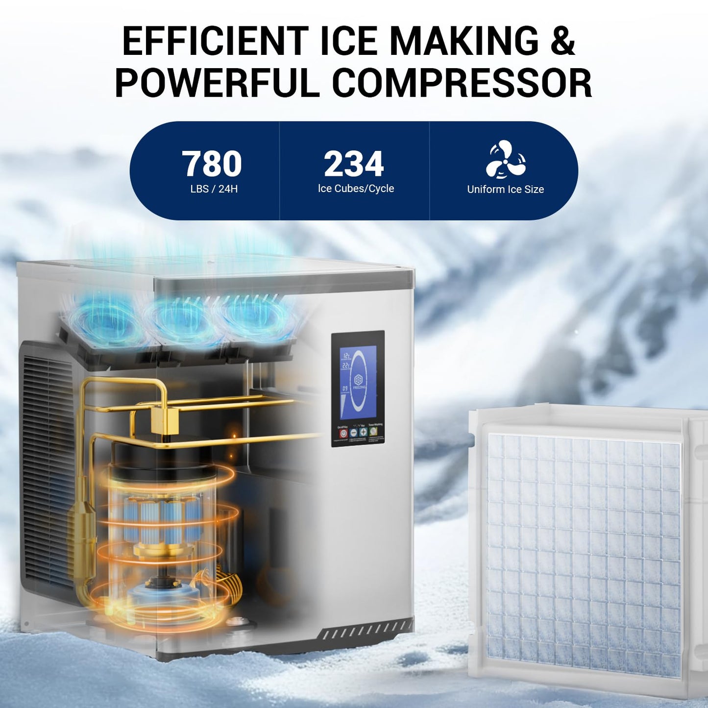 Commercial Ice Maker, 780 LBS/24h with 450 LBS Storage Bin, 234 Ice Cubes Ready in 5-15 min Air Cooled Stainless Steel Ice Maker, 22 Ice Thicknesses Industrial Ice Machine for Bar/Cafe/Restaurant
