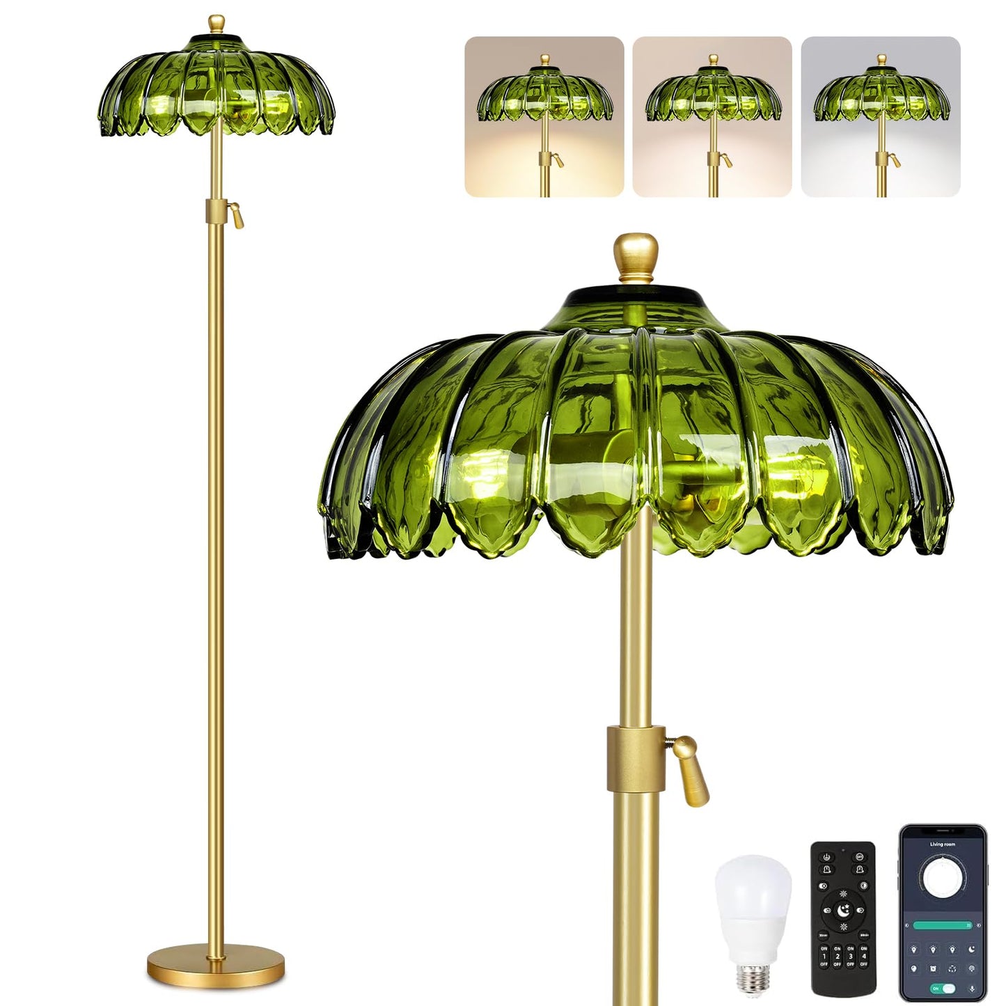 ZECOXOL Vintage Floor Lamp with Remote Control, Brass Flower Design, 11.8 inch, Green, Model 001, Mid Century Modern