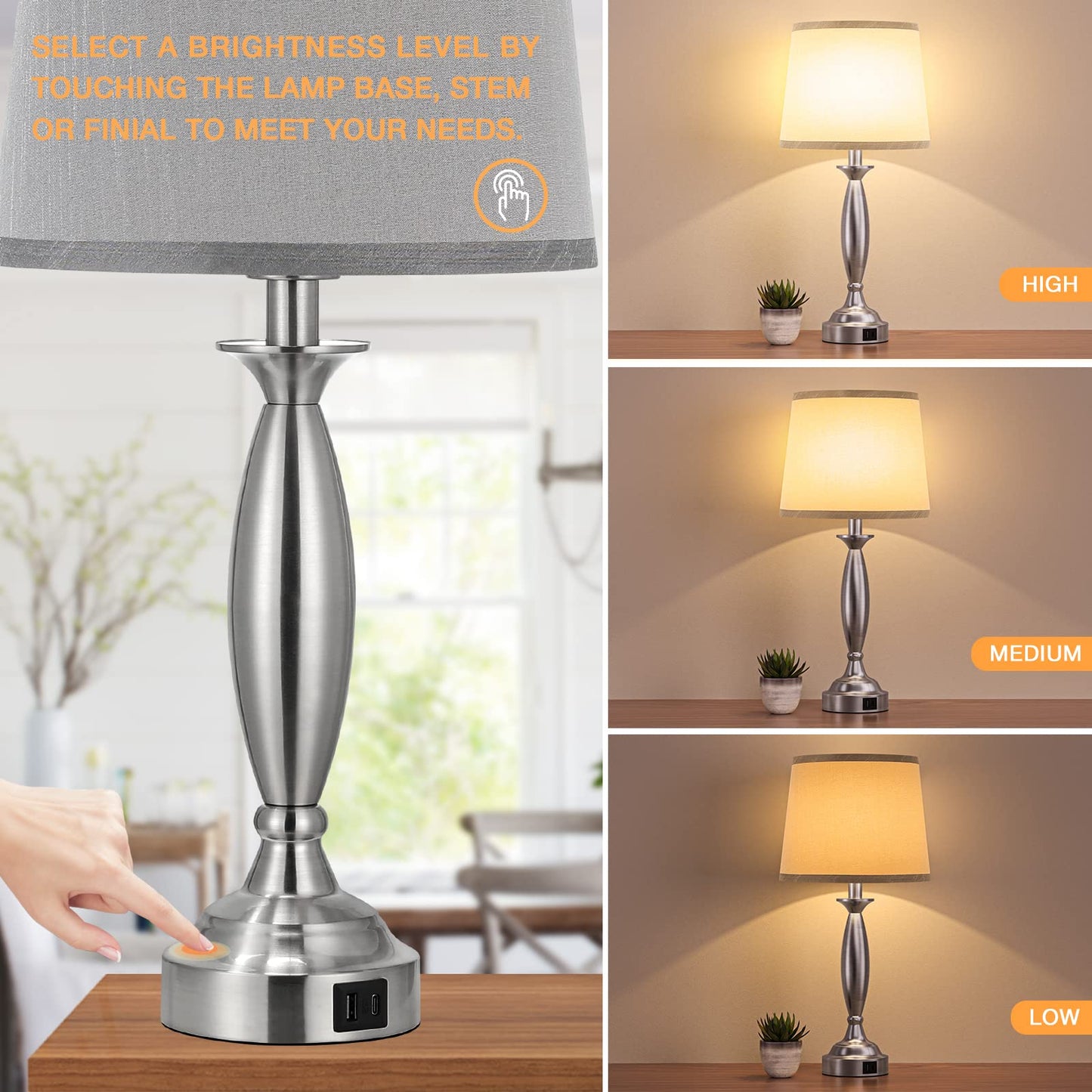 Seealle Touch Control Bedside Lamp, 3 Way Dimmable, USB C+A, 22.5in, Brushed Nickel, H. Grey Shade, Model jinshuzhu 1