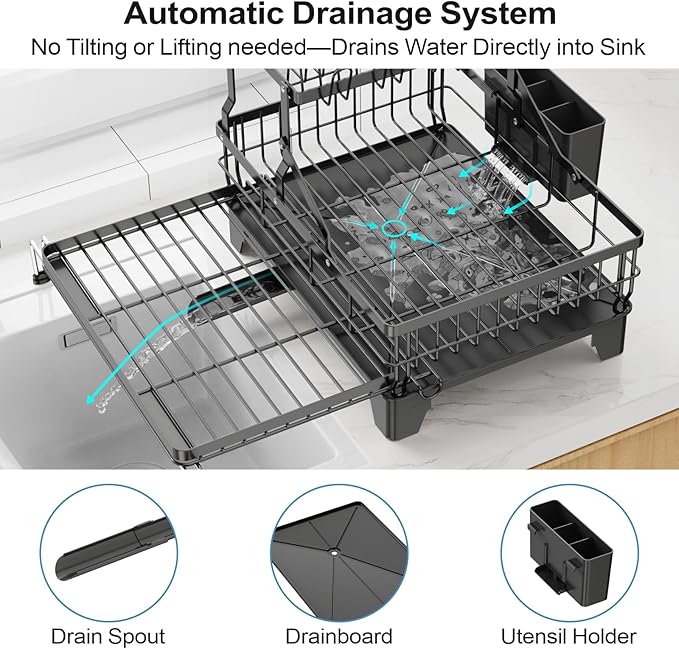 GSlife Large Dish Drying Rack - Extendable 2-in-1 Dish Racks for Kitchen Counter or Over Sink, 2 Tier Dish Drainer with Drainboard, Cups Holder and Utensil Holder, 14.4"-22.4" L x 16.9" W, Black