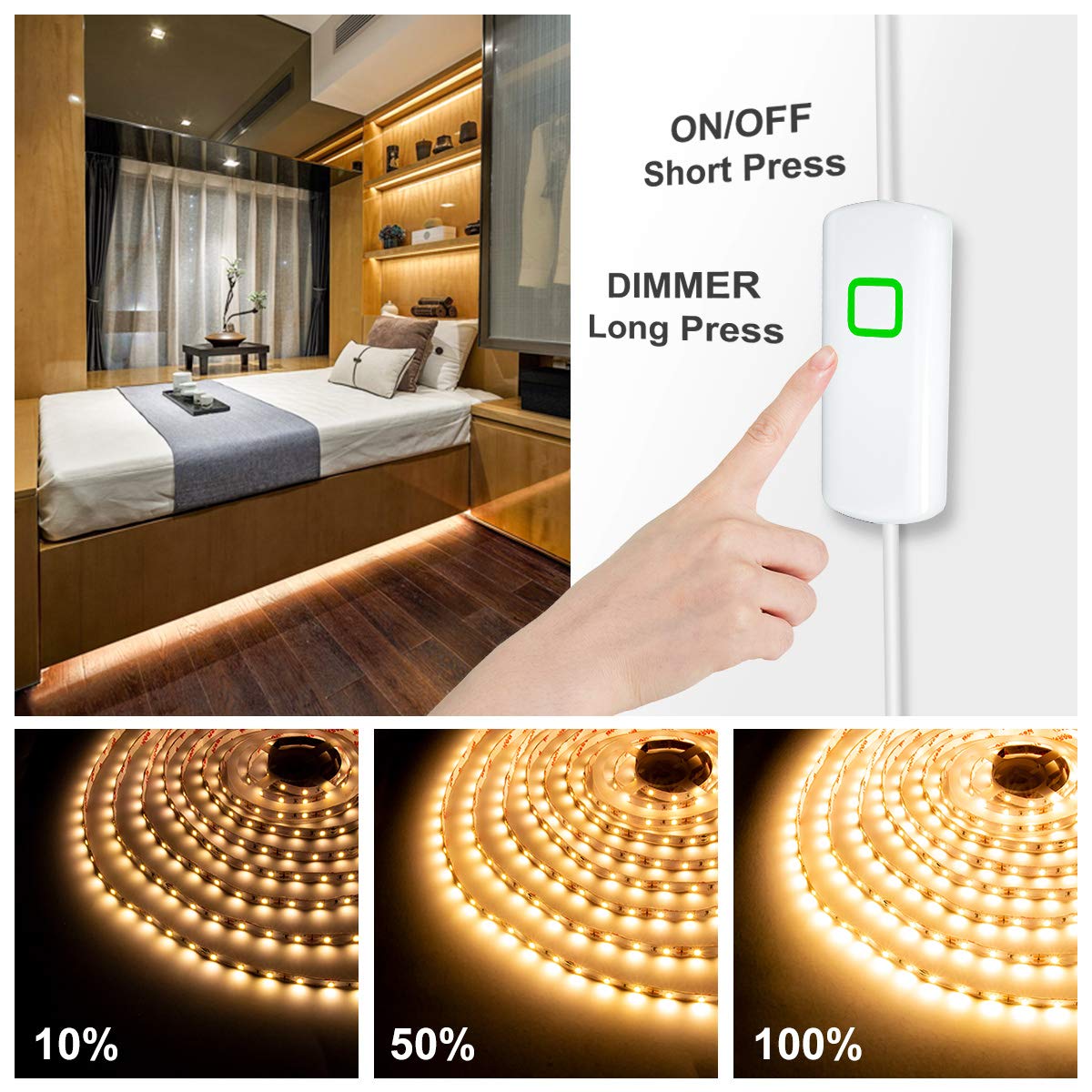 Myplus Under Cabinet Lighting Kit  65.6Ft Dimmable Led Strip Lights With 1200 Leds 24V  Low Power Safety Adapter  Flexible Tape Light For Kitchen Cabinet Bedroom Counter Shelf (Warm White-3000K)