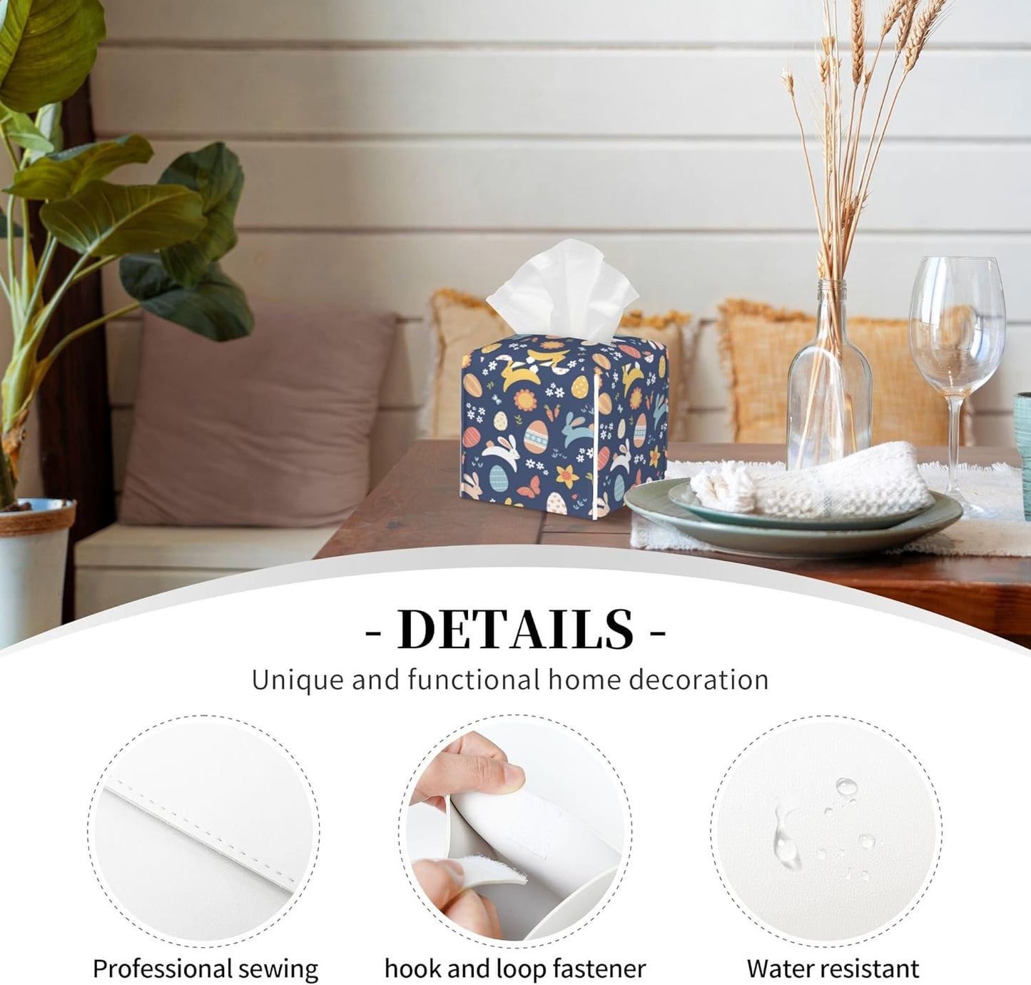 Tissue Box Cover Holder, Colorful Easter Bunnies Eggs and Flowers PU Leather Square Tissue Box Cover Decorative Organizer for Bathroom Kitchen Bedroom Vanity Countertop Night Stands