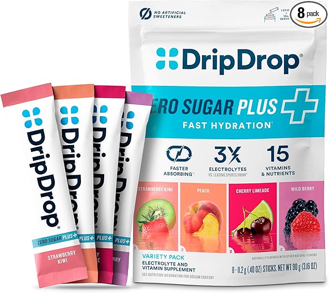DripDrop Zero Sugar Plus - Sugar Free Hydration Packets - Single Serve Electrolytes Powder Drink Mix - Strawberry Kiwi, Pe...