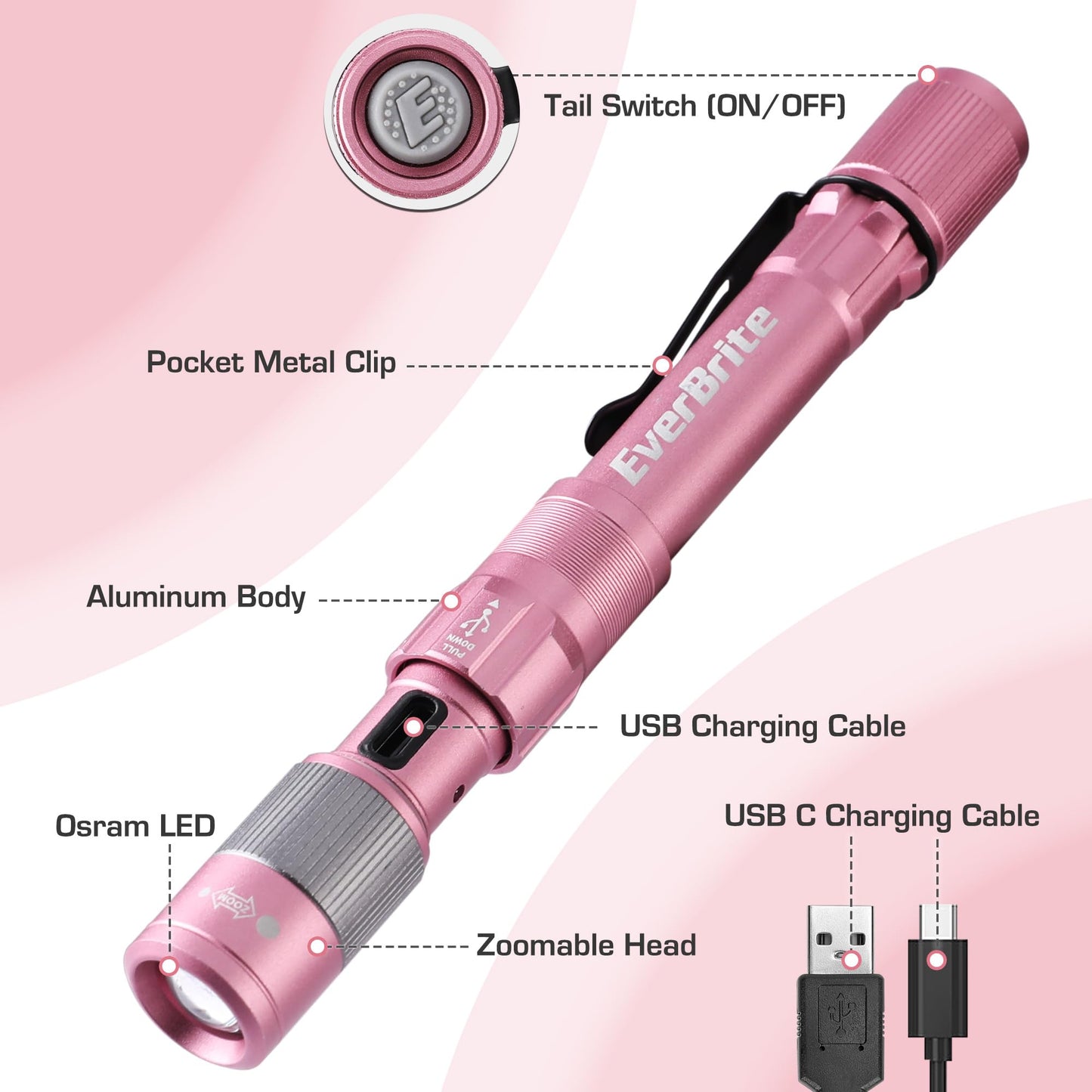 Everbrite Pen Light  Rechargeable Pen Flashlights  300 Lumens Zoomable Led Small Flashlight With Clip  Memory Function  Usb-C Cable Included  Pocket Size For Camping  Emergency  Mechanic  Pink