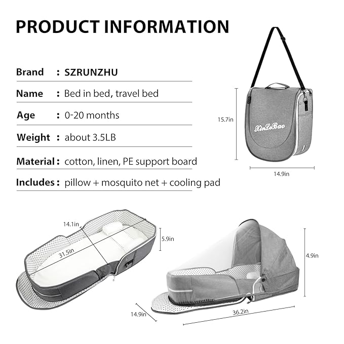 Portable Bassinet for Baby Travel Lounger Foldable Baby Co-Sleeping Bed with Mosquito net + Cool mat Carry Bag & Storage Pocket ()