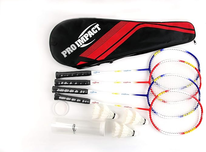 Pro Impact Badminton Racket Set - Lightweight Aluminum Head Rackets with Steel Shaft, Feather Shuttlecocks, Durable Carryi...