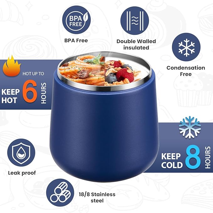 Kids Thermo for Hot Food 20oz Lunch Containers with Buckle Lid Wide Mouth Hot Food Jar Vacuum Insulated Stainless Steel Bento Box Leakproof with Spoon(Blue)