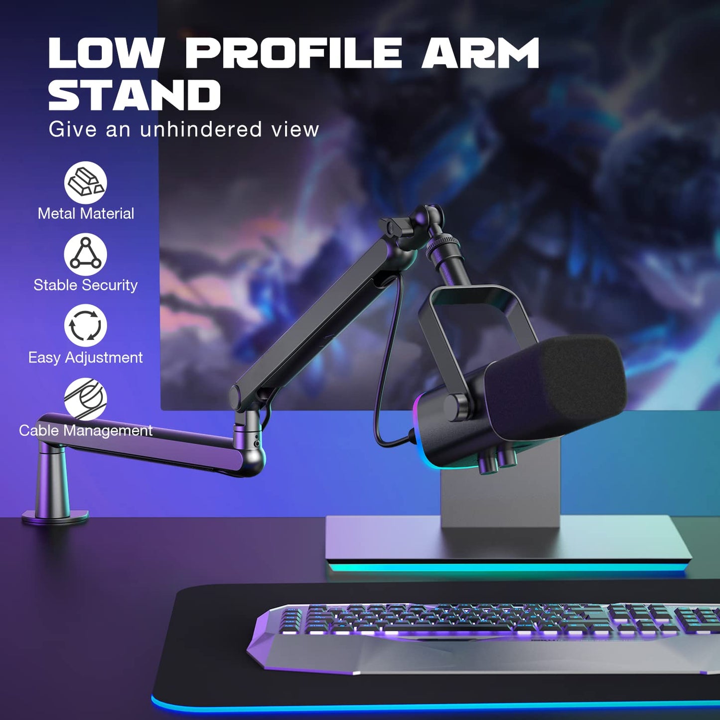 Fifine Microphone Boom Arm, Low Profile Adjustable Stick Microphone Arm Stand With Desk Mount Clamp, Screw Adapter, Cable Manage