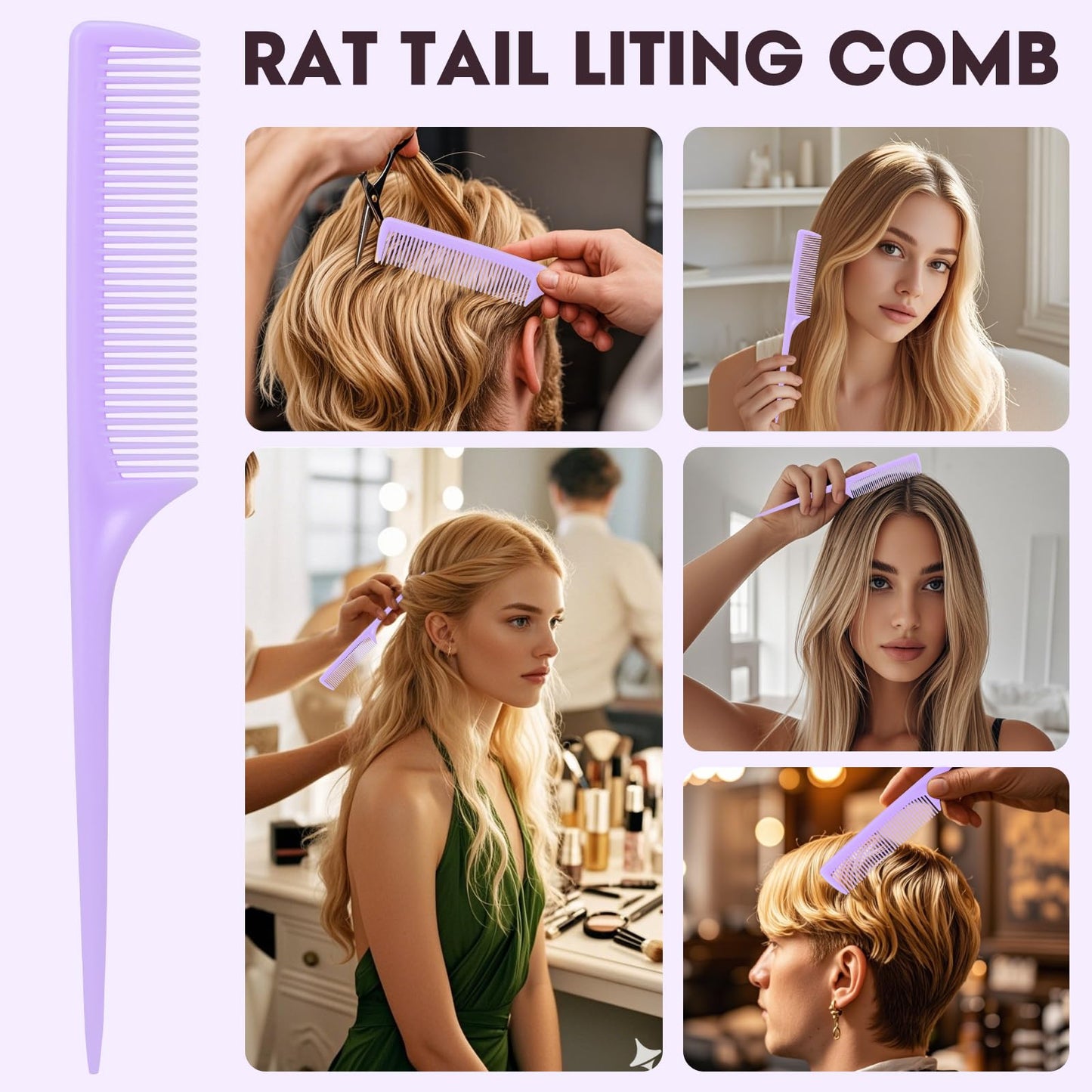 Rat Tail Comb Set-3Pcs Rat Tail Hair Teasing Fine Tooth Combs for Women Girls, Parting &Hair Styling Tools(Black Pink Purple)