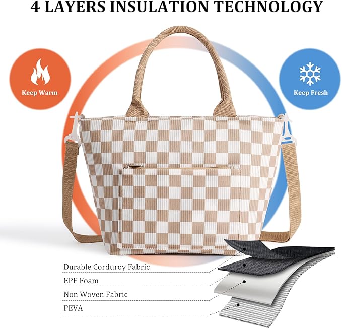 Lunch Bag for Women Adult Large Insulated Lunch Box Girl Cute Corduroy Lunch Tote Bags Reusable Leakproof Cooler Work Picnic