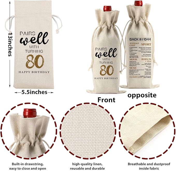 80th Birthday Gifts for Women Men Wine Gifts Birthday Gifts for 80 Year Olds Wine Accessories Happy Anniversary 80 Year Old Party Decorations Wine Bag Wine Gift Bag Wine Bags for Wine Bottles Gifts