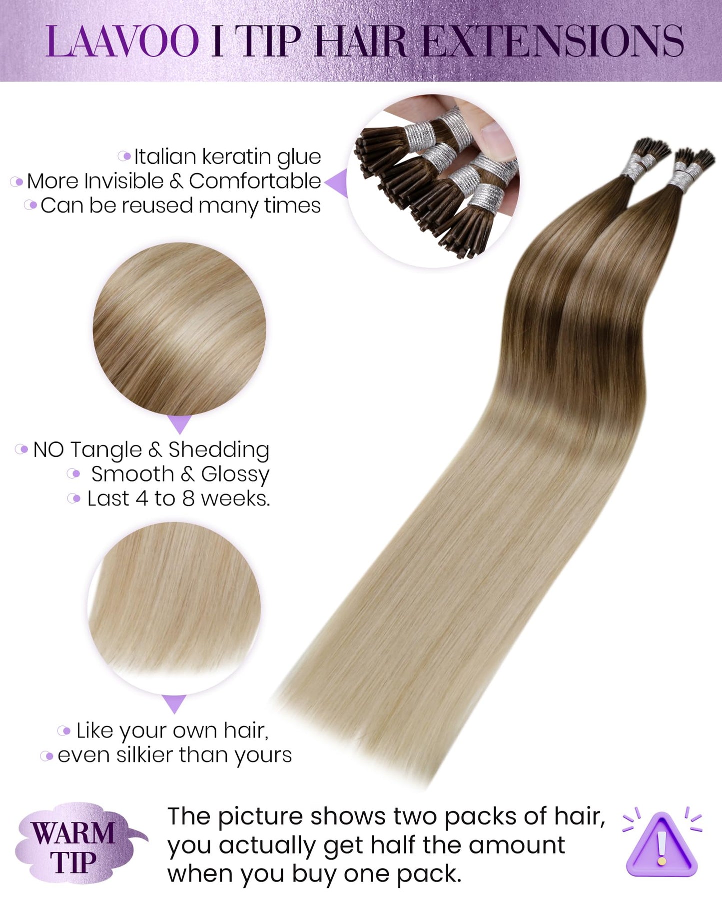 LaaVoo I Tip Hair Extensions Human Hair Balayage Brown to Ash Blonde with Platinum Blonde Itip Hair Extensions Fusion 50g 50s 22