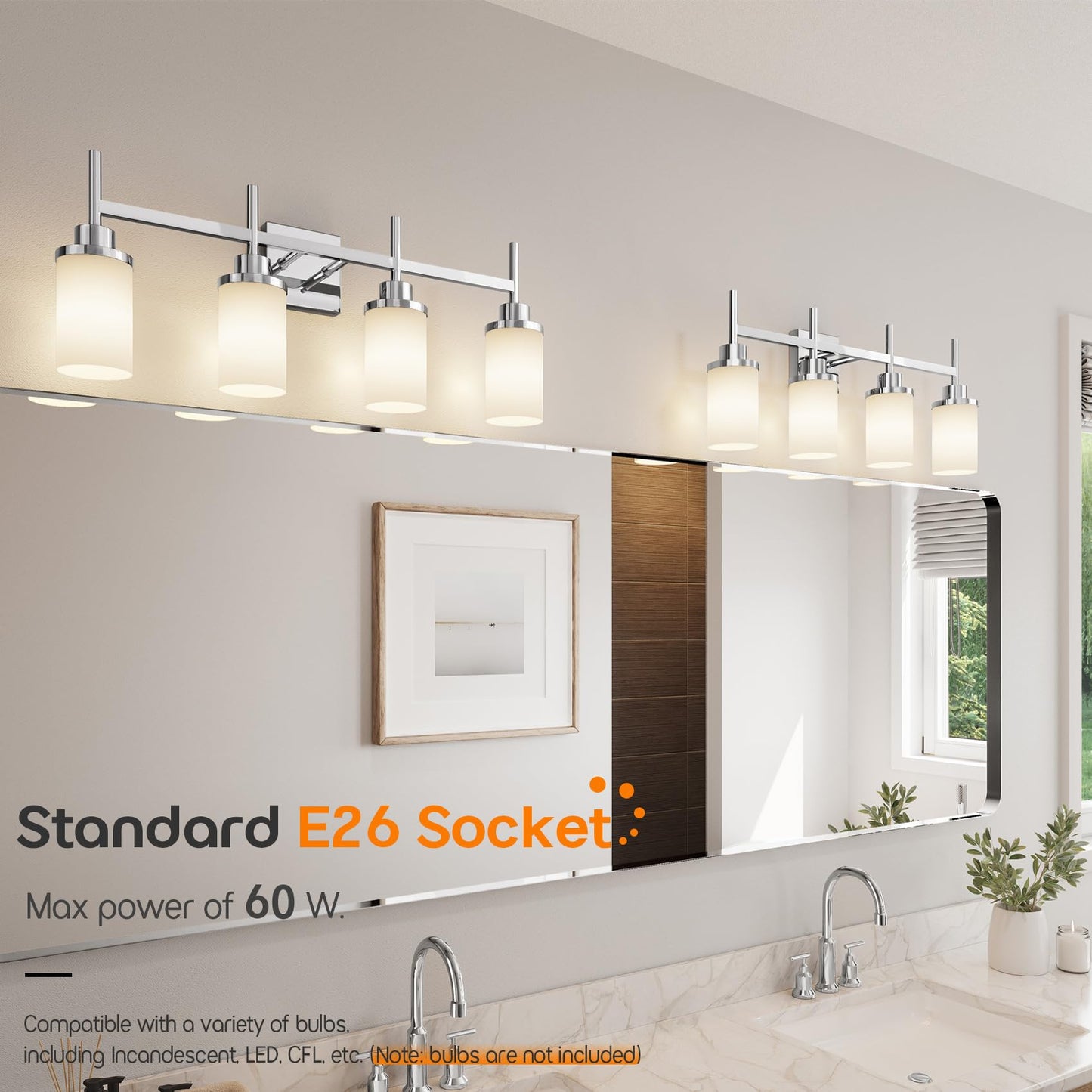 Aoneon 4-Light Vanity Lighting Fixtures With White Frosted Glass Shade  Polished Chrome Bathroom Wall Lamps Over Mirror For Bath Restroom Kitchen T001Ch-L4