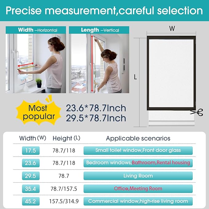 Coavas Window Privacy Film Frosted Glass Static Clings, Decorative Bathroom Door Privacy Film Day and Night, Heat UV Blocking Anti-Glare Frosting Stickers Renter Non-Adhesive, 23.6 x 78.7 Inch, White