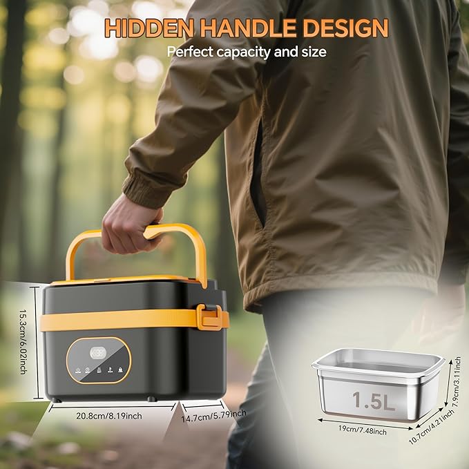 POERUNI.Heated Lunch Box for Adult,Electric Lunch Box for Man,16000mAh Battery &1.5-Liter Container.Wireless Heating is Suitable for Travel,Office.Includes Cutlery,Insulated Bag and Removable Divider