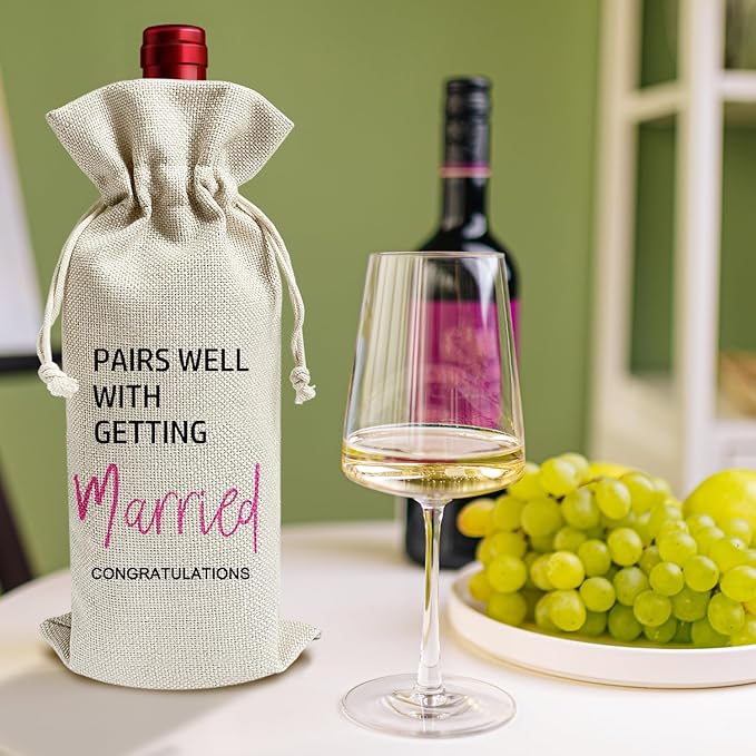Pairs Well With Getting Married - Gifts for Newlyweds Wine Bags, 1 PC Reusable Drawstring Burlap Wine Bottle Bags, Wedding Gifts for Bride Groom, Wine Gift Bag Wine Accessories -34