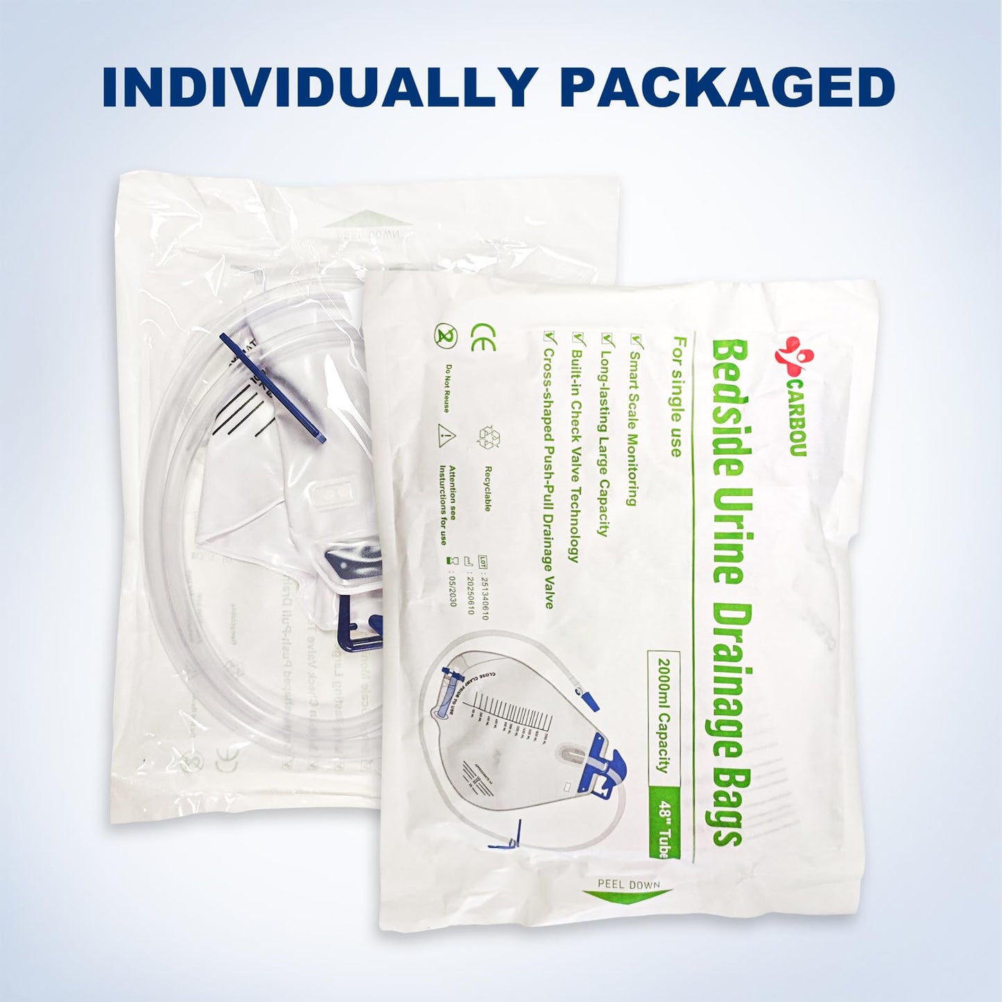 Carbou 2000ml Urine Drainage Bags, 6 Pcs Catheter Bags with Anti-Reflux Chamber - 48" Drainage Tube with Clamp & Hook, Quick-Release Drain Port