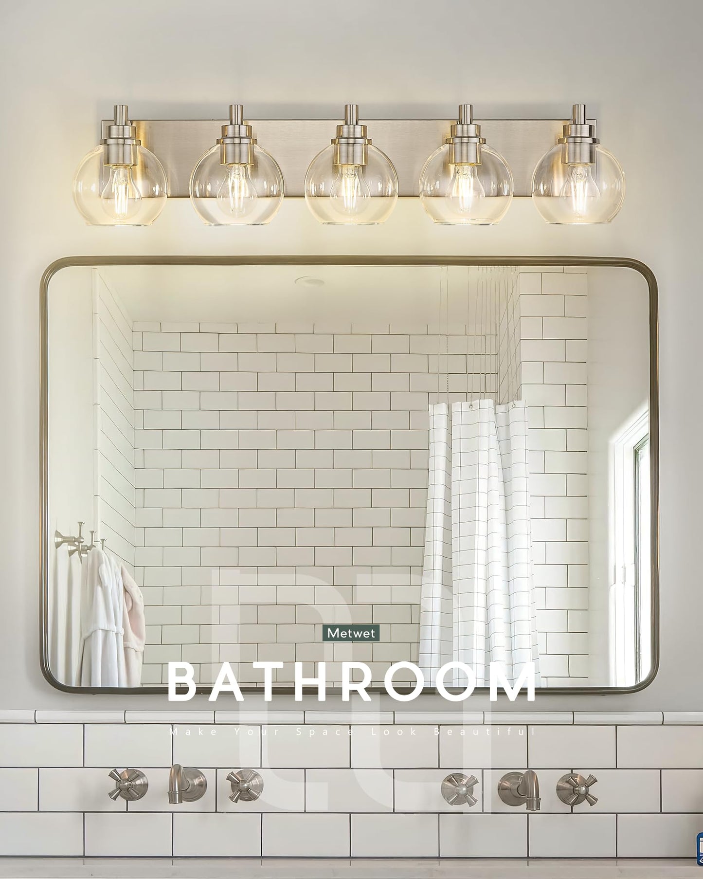 Metwet Bathroom Light Fixtures  5 Light Brushed Nickel Vanity Light  32 Inch Modern Wall Sconces With Globe Clear Glass Shade  Vanity Lighting Fixtures Over Mirror  Vl195-Bn-Cl-5