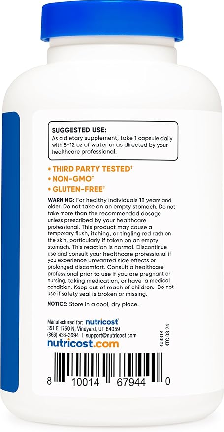 Nutricost Niacin (Vitamin B3) 500mg, 240 Capsules - with Flushing, Non-GMO, Gluten Free
