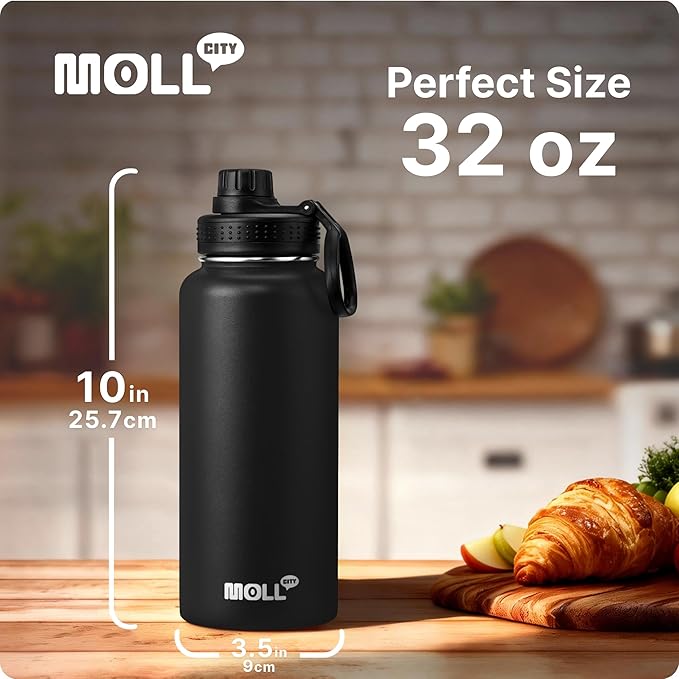 Insulated Water Bottle-32 oz Stainless Steel Vacuum Wide Mouth Sports Water Bottle with Silicone Boot-Metal Leak Proof Travel Water Flask for Men (Black)