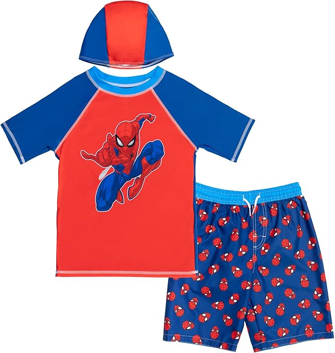 Marvel Avengers Captain America Pullover Raglan Swim Cap & Swim Trunks Bathing Suit & Short Sleeve Rash Guard Swim Shirt