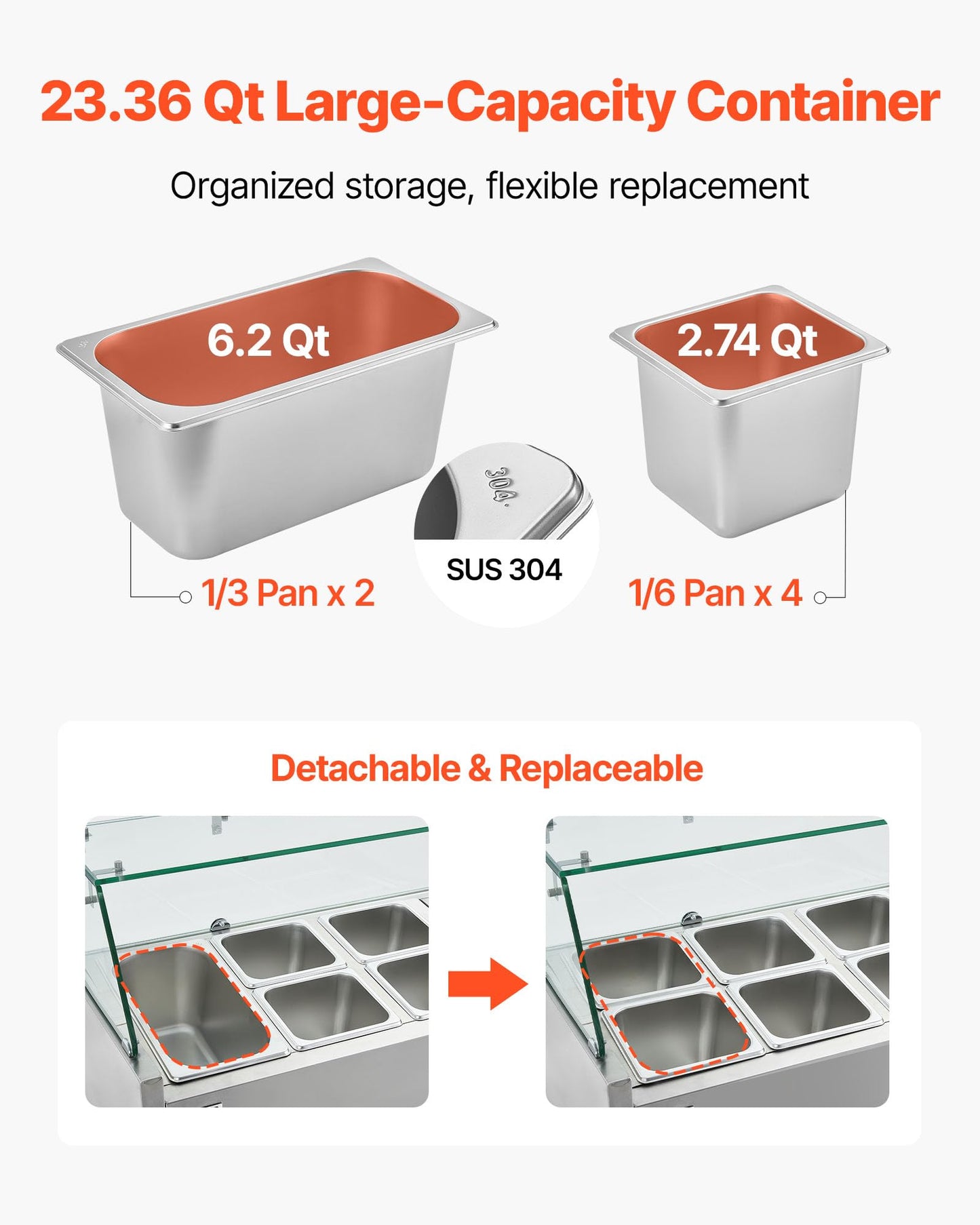 VEVOR Refrigerated Condiment Prep Station, 130 W Countertop Refrigerated Condiment Station, with Two 1/3 Pans & Four 1/6 Pans, 304 Stainless Body and PC Lid, Sandwich Prep Table with Glass Guard