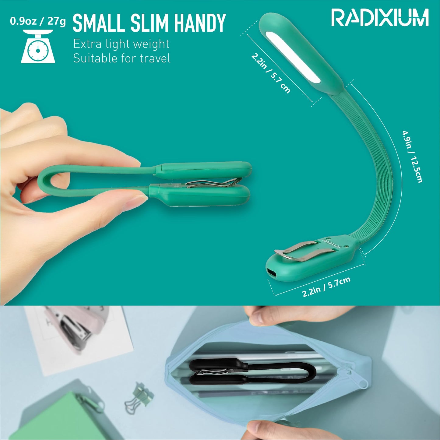 Radixium Slim Rechargeable Book Reading Light  Eye Caring Led With 4 Color Temperatures  Portable Clip On Book Light For Reading In Bed & Travelling. Prefect Elegant White Gift For Book Lover.(Green)
