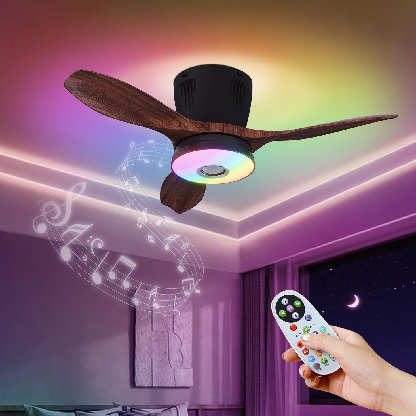 WVMNQO RGB Ceiling Fan with Bluetooth Speaker, 21in Low Profile, 3CCT Dimmable, Walnut, Model LEC016R