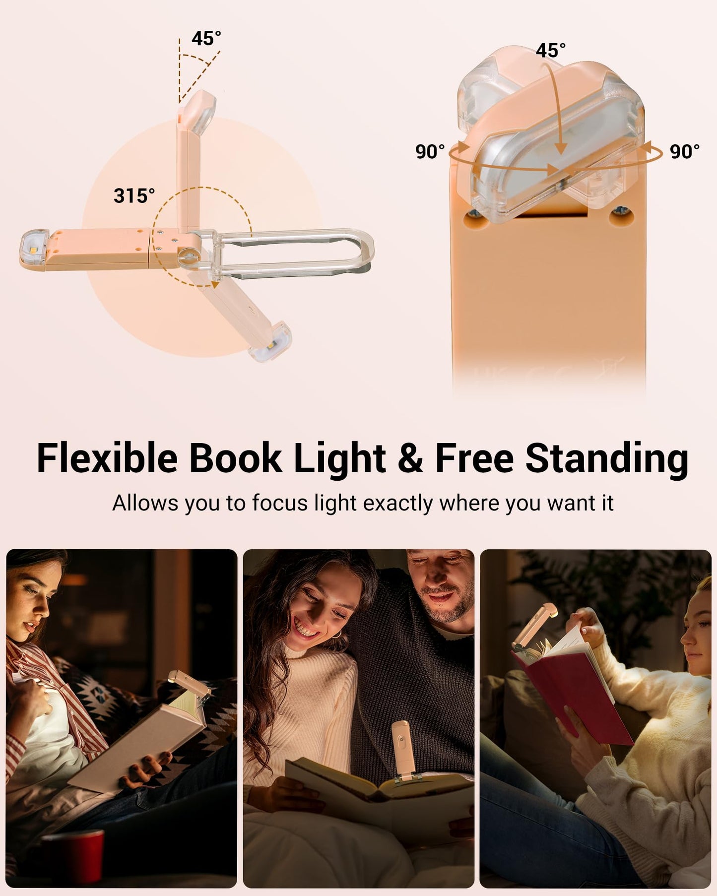 DEWENWILS USB Rechargeable Book Light Clip-on LED Reading Lamp, Warm White, Adjustable Brightness, Mocha Mousse, Model IT-008