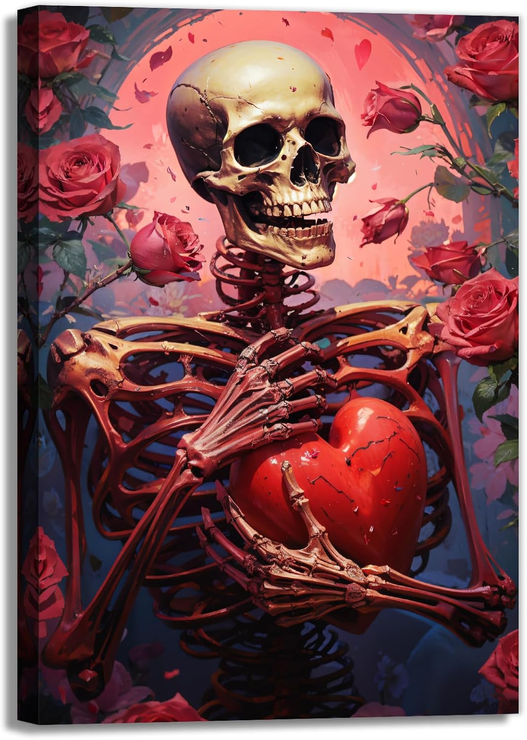 OAAPITI Skull Skeleton Canvas Wall Art Skull Holding Heart Picture Print Romantic Theme Painting Artwork Gothic Poster Wall Decor Living Room Halloween Decor(Artwork-1,24"x36")