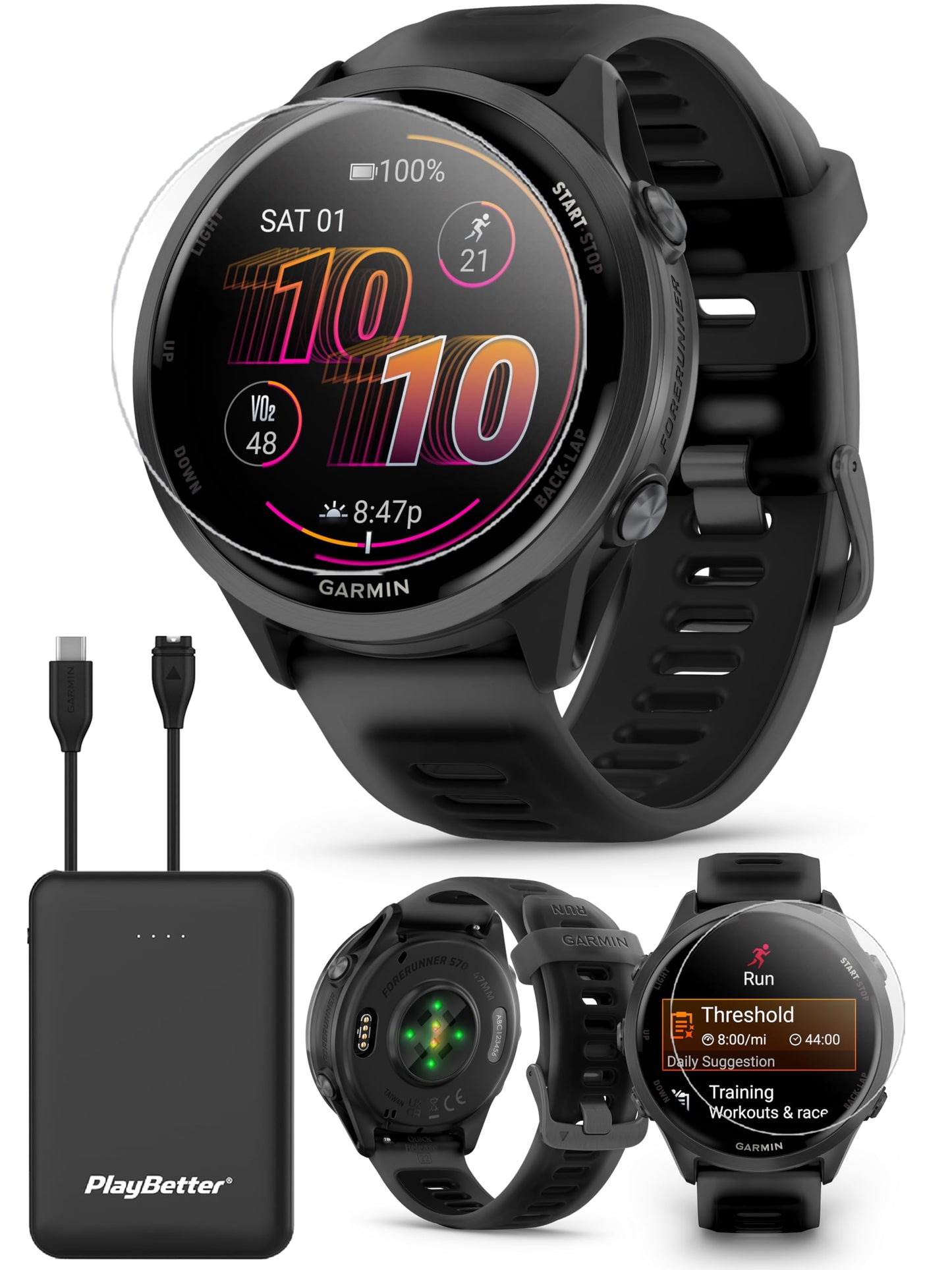 Playbetter Garmin Forerunner 570 (47 Mm, Slate Gray/Translucent Black) Running Gps Smartwatch - Amoled Display, Training & Recov