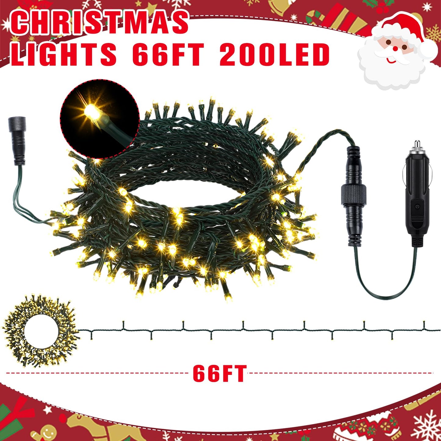 Aurelema 12V Christmas 66 Ft Car Led String Light Golf Cart Decorations Warm Yellow Light String Waterproof Atmosphere Lighting Kits For Christmas Car Accessories
