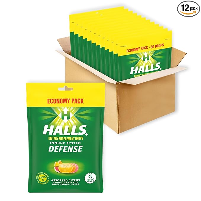 HALLS Defense Assorted Citrus Vitamin C Drops, Dietary Supplement Drops, Economy Pack, 12 Bags (960 Total Drops)