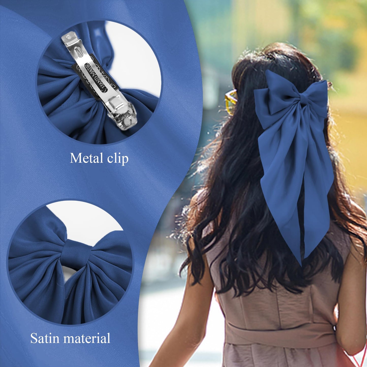 Hair Bows for Women, 2Pcs Navy Blue Bow Hair Clips for Girls, Silky Satin Hair Bows Clips Long Tail, Large Hair Barrettes Cute A