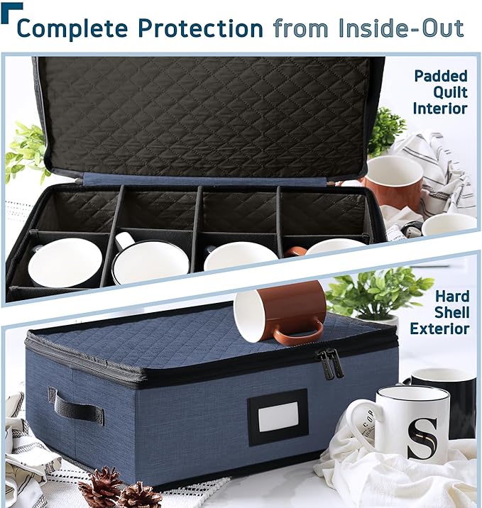 Hearth & Harbor Coffee Mug Storage, Quilted and Stackable Coffee Cup Storage Organizer for Service of 12, Mug Storage Box with Dividers, China Containers Hard Shell for Moving and Organization, Blue