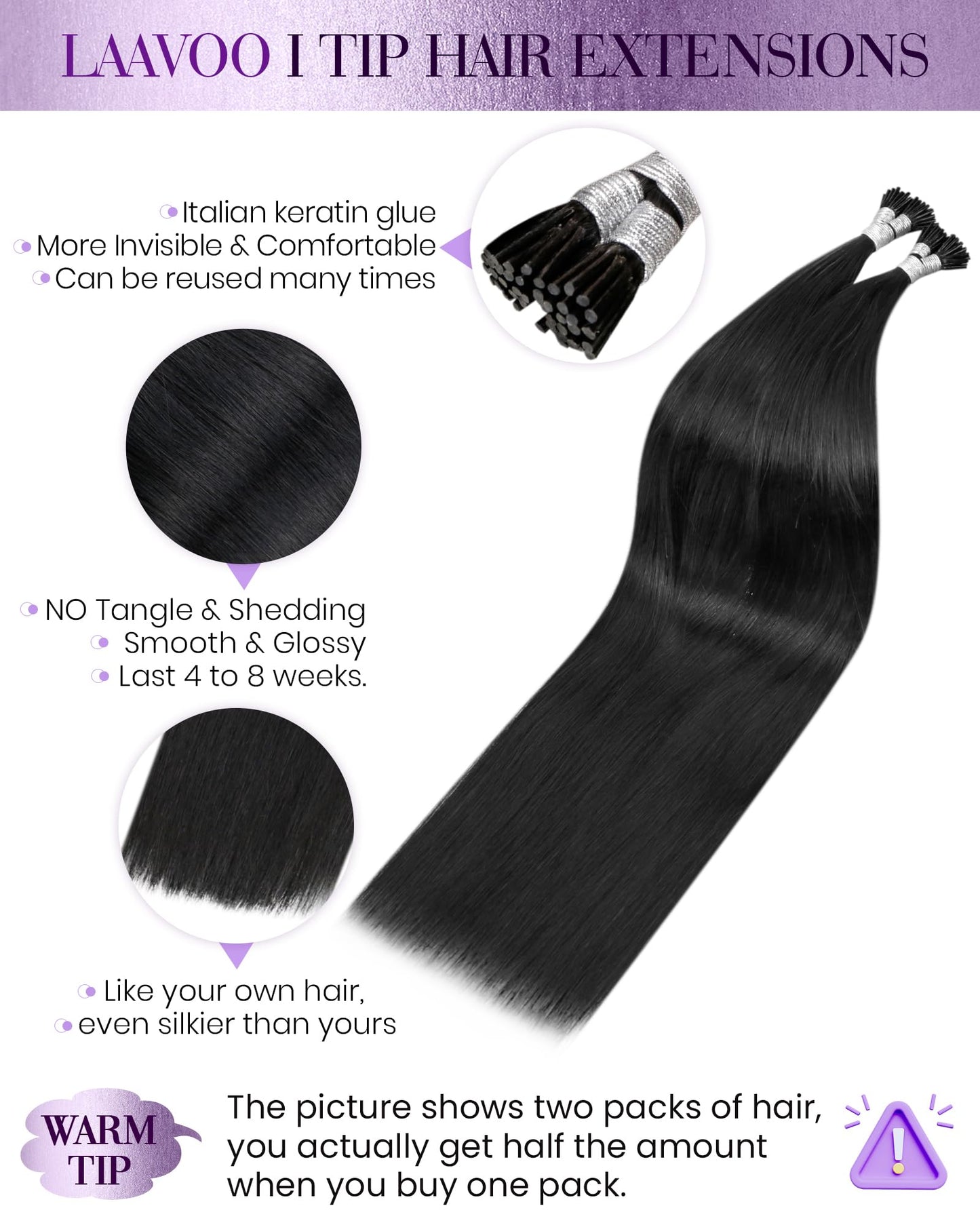 LaaVoo I Tip Hair Extensions Human Hair Jet Black Itip Human Hair Extensions Black I Tips Hair Extensions Real Human Hair Black
