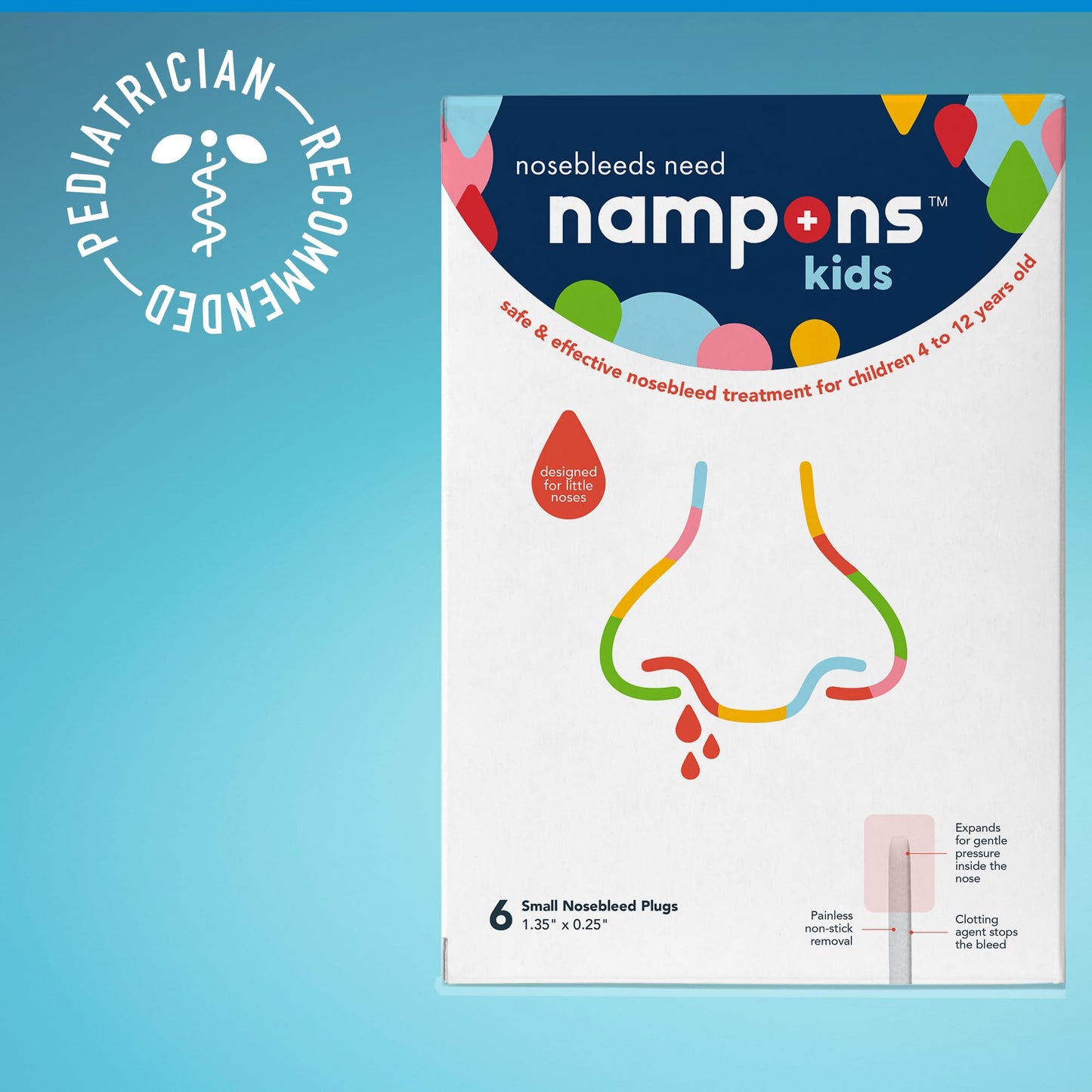 Nampons Kids Nosebleed Stoppers - 6 Easy to Use Nose Bleed Stopper Plugs Kit for Kids. Trusted by Pediatricians. Hypoallergenic Clotting Agent Stops Nosebleeds Fast On Contact. Safe and Pain-Free